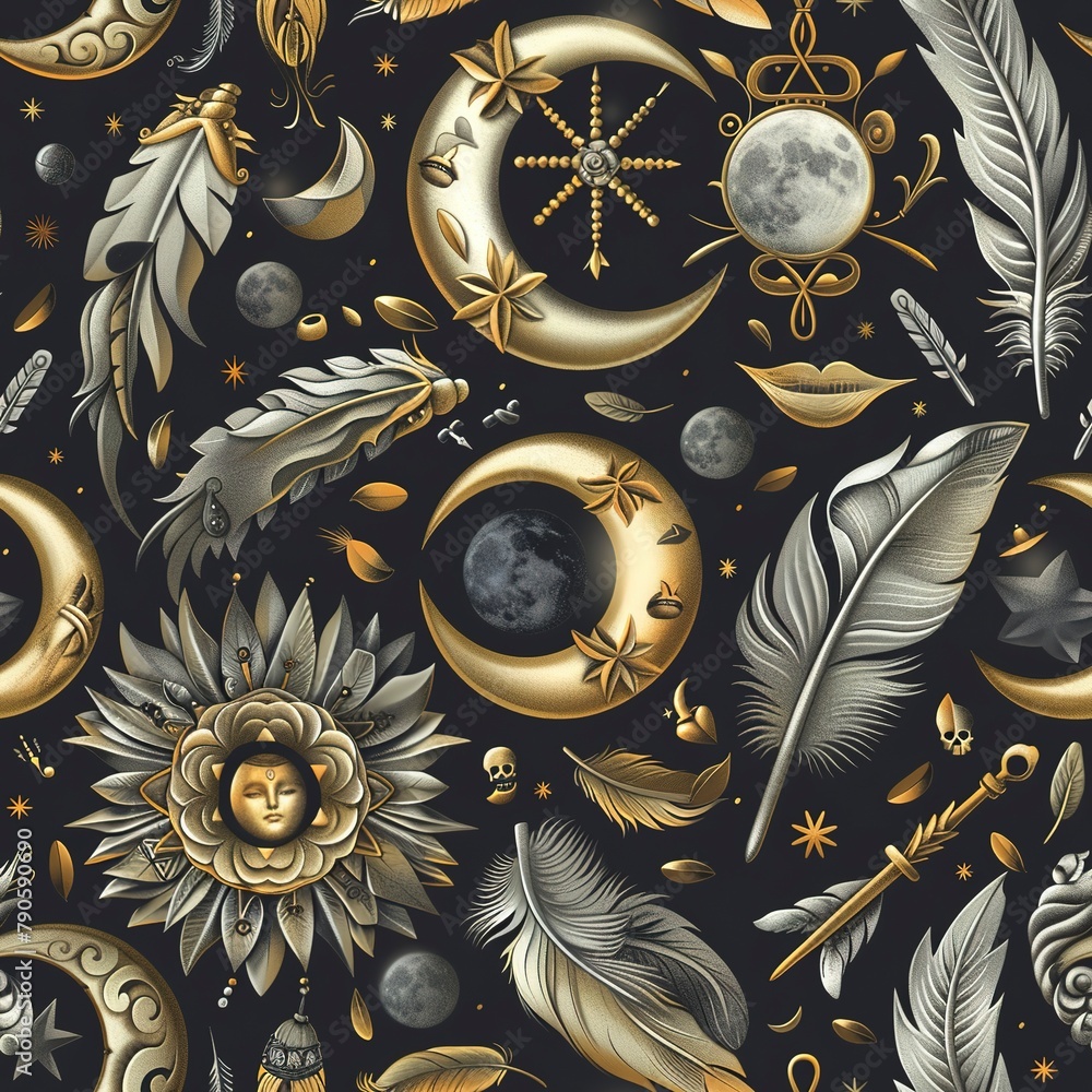 Poster a seamless pattern of 3d boho symbols, including arrows, feathers, and moons. seamless pattern, fabr