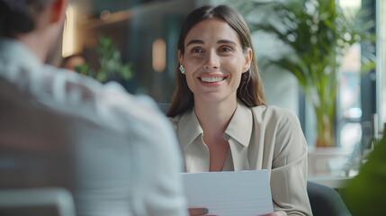 Business woman smiling while holding cv document during job interview