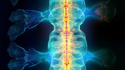 spinal cord in blue neon color and a golden line glowing in its center on black background, futuristic design of medical art - obrazy, fototapety, plakaty