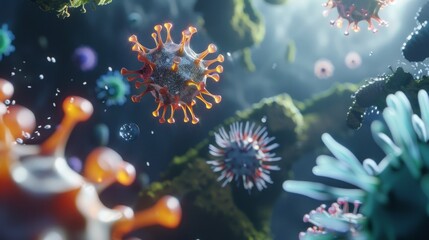 Obraz na płótnie Canvas Visualization of antibodies attacking a pathogen, high-resolution with focus on immune response