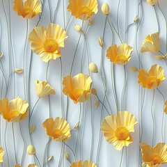 Seamless pattern of 3D yellow poppies, swaying in a gentle breeze.Seamless Pattern, Fabric Pattern, Tumbler Wrap, Mug Wrap.