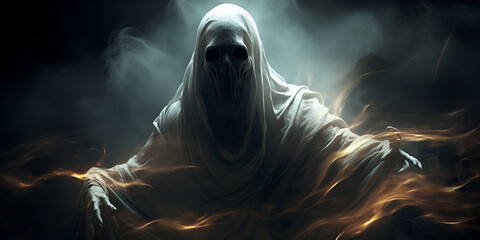  A man in a hooded robe, horror concept of ghost fling in the air surrounded by smoke on black background  - obrazy, fototapety, plakaty