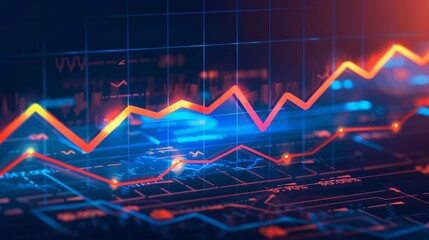 Charts showing the uptrend, background material for financial newspapers, charts of the financial stock market with trend lines, charts in blue, orange and red lines and arrows - obrazy, fototapety, plakaty