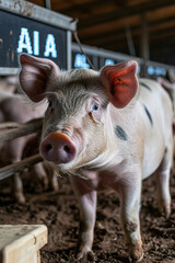 A high-tech pig farm managed by artificial intelligence. Control Dashboard with phrase AI and pigs.