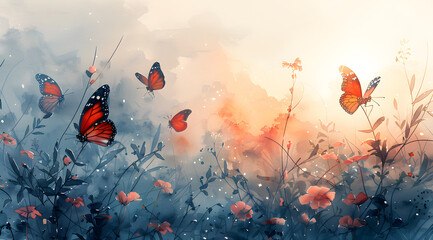 Sunrise Symphony: Watercolor Depiction of Frosted Garden with Waking Butterflies