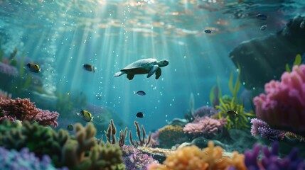 A beautiful underwater landscape of fish and corals in an ocean, with a gracefully swimming sea turtle in the background.