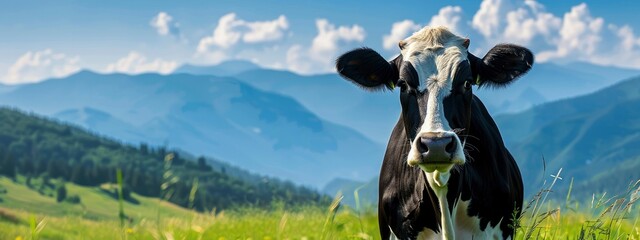 A black-and-white cow in a verdant meadow with mountains in the distance