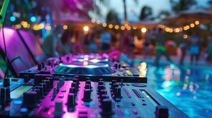 Vibrant Poolside Music Festival with Lively DJ Booth and Colorful Lighting - obrazy, fototapety, plakaty
