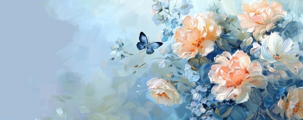 Obraz na płótnie Canvas A bouquet of two oil painted butterflies and flowers with peach hues and blue touches on light blue background.