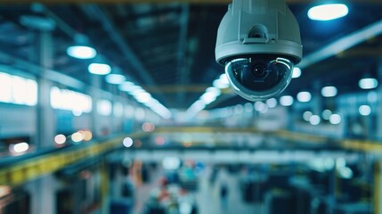 The busy activity inside modern factory or warehouse is captured by an industrial surveillance camera.