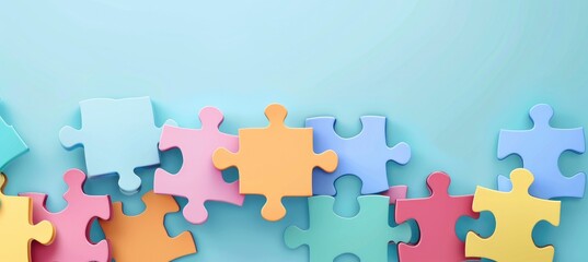 colourful puzzle pieces at a corner of blue background - obrazy, fototapety, plakaty