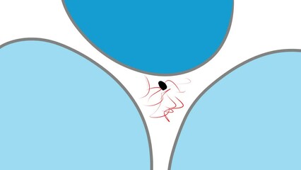 An atom rushes between three round objects, sparkling with scarlet sparks or lightning. As it approaches, the bulge becomes darker.