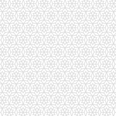 Seamless monochrome geometric pattern, with repeating arrangements of star shapes and decorative ornaments. Line art vector illustration