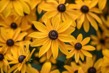 One huge, bright yellow hippolma blackeyed judith flower in the heart of a group of yellow BlackEyed Susan flowers