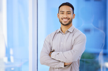 Portrait, business and man with arms crossed, office and employee with smile, confidence and career ambition. Face, agent and consultant with pride for startup, entrepreneur and insurance agency