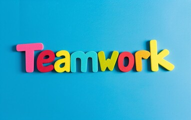 Teamwork in Bold Letters on a Blue Background - Corporate Unity, Motivational Message, Creative Design - Business, Education