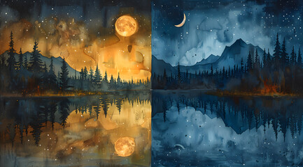 Nocturnal Variations: Watercolor Side-by-Side Showing Contrast in Night Scenes