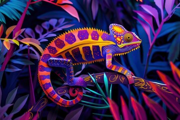 Neon colors and an abstract artwork paper cut of a chameleon in forests