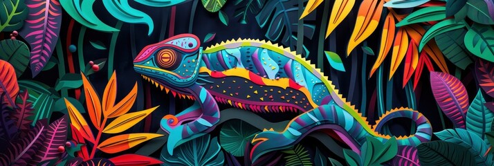 Neon colors and an abstract artwork paper cut of a chameleon in forests