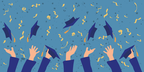Graduation banner. Graduate students hands throwing  academic caps on blue background and confetti. Vector illustration.