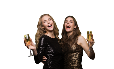 Two young ladies drinking champagne. Image of girls with balloons on a transparent background