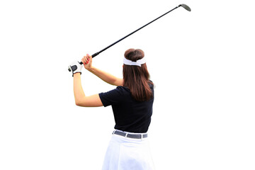 Naklejka premium Woman golfer hits an fairway shot towards on a transparent background