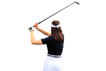 Woman golfer hits an fairway shot towards on a transparent background