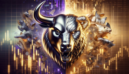 crypto icon half head bear and half head bull on charts background in purple and gold colors - 790594863
