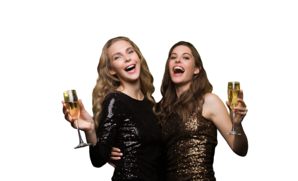 Two young ladies drinking champagne. Image of girls with balloons on a transparent background