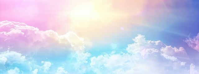 Soft blue sky, white clouds, gradient, and rainbow-colored pastels all come together to create a stunning blurred pastel background. - obrazy, fototapety, plakaty