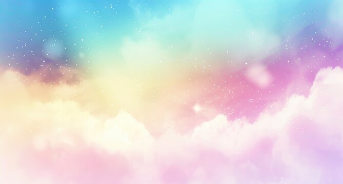 Soft blue sky, white clouds, gradient, and rainbow-colored pastels all come together to create a stunning blurred pastel background.