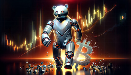  walking robot bear with symbol bitcoin which fall down, abstract red charts background - 790595258