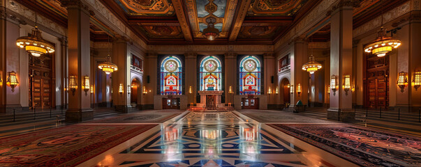 The interior of a majestic Masonic lodge adorned with stained glass windows featuring sacred geometry and esoteric symbols.