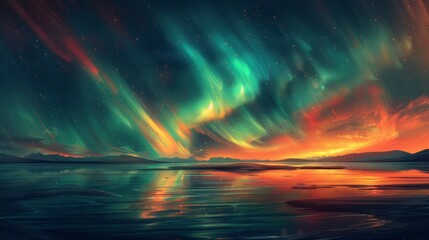 Stunning Aurora Borealis over snowy mountains with vibrant green hues and fiery sky - obrazy, fototapety, plakaty