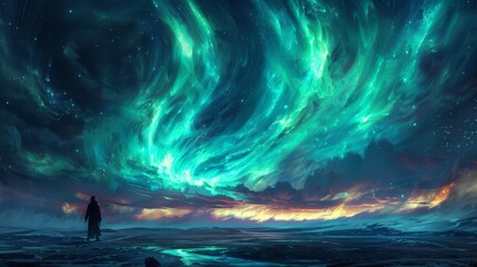 Stunning Aurora Borealis over snowy mountains with vibrant green hues and fiery sky - obrazy, fototapety, plakaty