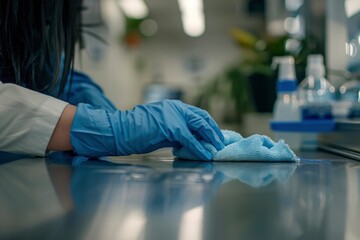 Close up of a lady in blue gloves using chemicals and a blue cloth to clean a table in an office - obrazy, fototapety, plakaty