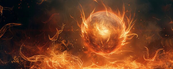 Surreal composition of an orb-like object surrounded by delicate flames against a mysterious dark background, creating an otherworldly and ethereal ambiance.