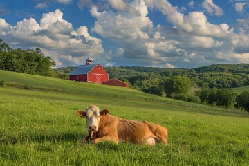 A contented cow lying in a green pasture, chewing cud with a traditional red barn in the background, capturing the timeless connection to dairy production. - obrazy, fototapety, plakaty