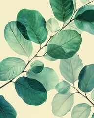 Ficus , Intricate ficus leaf details in forest green on pale mint