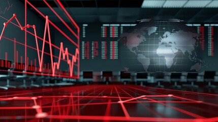 Image of financial graphs and globe over empty hall. Global finance, economy and real estate concept digitally generated image.