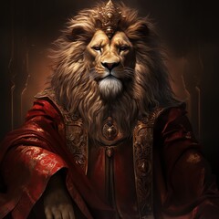 Lion King , Majestic lion in royal robes on a deep red background