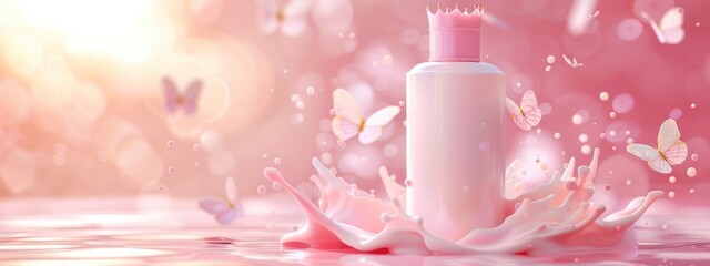 cosmetic beauty bottle with a crown on top, milk flows in the backdrop banner, butterflies flying, pink pastel colour scheme,