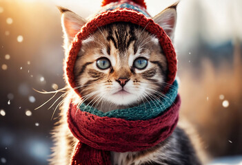 Cute kitten wearing a scarf and warm hat