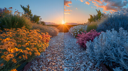 Warm Light to Cool Twilight: Watercolor Side-by-Side Showing Garden Scene Transformation
