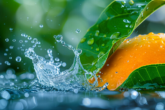 Close up water drops on mango leaf