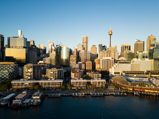 Sydney, Australia: Aerial of the Darling Harbor newly redeveloped district in downtown Sydney at...