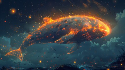Spectacular comet with orange accents blazing through a starry night sky - obrazy, fototapety, plakaty