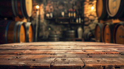 cellar with wine barrels product placement - obrazy, fototapety, plakaty