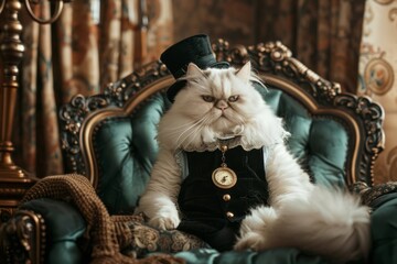 A fluffy, white Persian cat dressed in a dapper, vintage gentlemans suit, complete with a mini top hat and a golden pocket watch, seated on an opulent.
