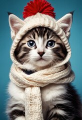 Cute kitten wearing a scarf and warm hat